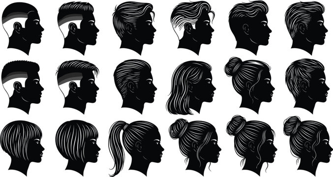 Black silhouette vector icons of diverse male and female hairstyles featuring undercut fades, long hair, ponytails, buns, and bobs for barber shop and salon.