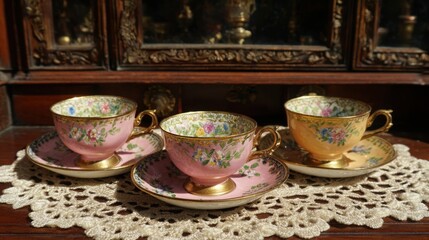 Fototapeta premium Delicate hand-painted porcelain teacups and saucers with floral patterns and gold accents displayed on a lace doily