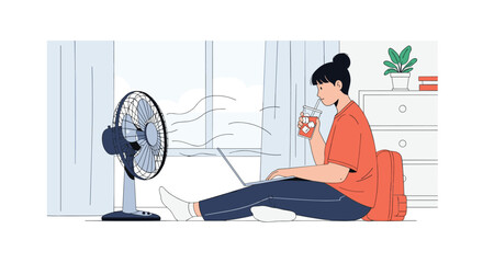 Obraz premium Woman relaxes on the floor with a laptop and cold drink while a desk fan provides a refreshing breeze on a hot day.