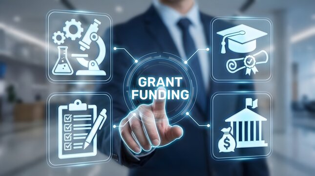 Digital Grant Funding Concept, Research & Education Financial Support, Government Institution Grants, Scientific Research Funding, Scholarship Award & Application Management Technology Interface.