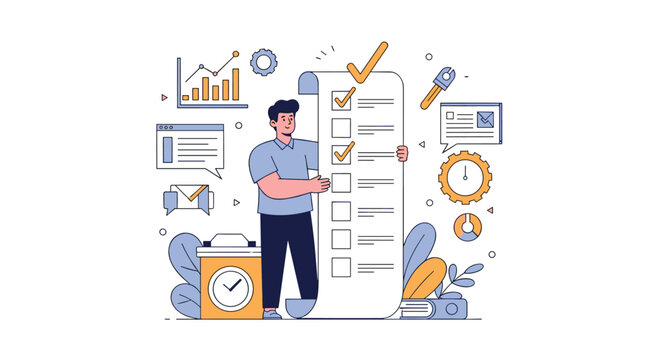 Professional businessman holds a giant scroll with a long checklist of completed tasks and business growth charts.