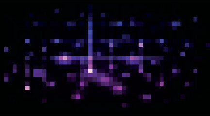 Pixelated abstract background with glowing purple and blue squares creating a futuristic digital pattern