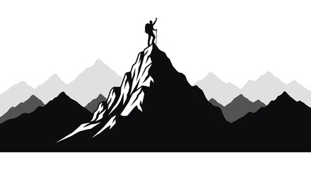 A lone figure stands triumphantly atop a mountain peak arms raised in victory a striking silhouette high quality professional detailed modern © rabbivay