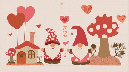 Obraz premium Adorable Garden Gnomes with Heart Balloons, Mushroom House and Decorative Elements for Valentine's Day or Romantic Projects
