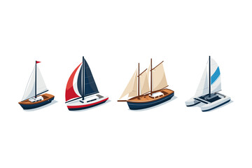 Fototapeta premium Collection of four different sailboats and yachts in isometric view on white background