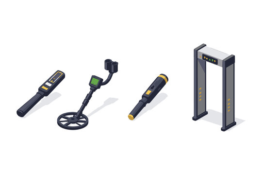 Collection of metal detectors and security scanner archway in isometric view