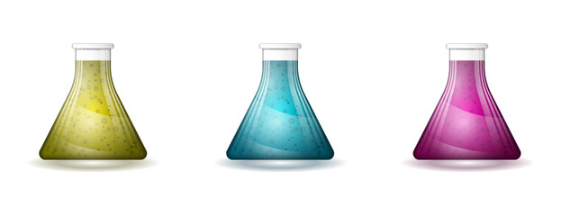 Set of three triangular science flasks with glowing yellow cyan and magenta chemical solutions for laboratory research and magic concepts © Tomash