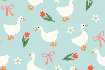 cute seamless pattern with goose, riibbons, tulips and daisies  perfect for kids, nursery items, stationery, easter backgrounds- vector illustration © chrupka