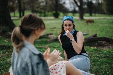 Fototapeta premium Two women sit on the grass in a park, sharing snacks and chatting in a relaxed, casual outdoor scene.