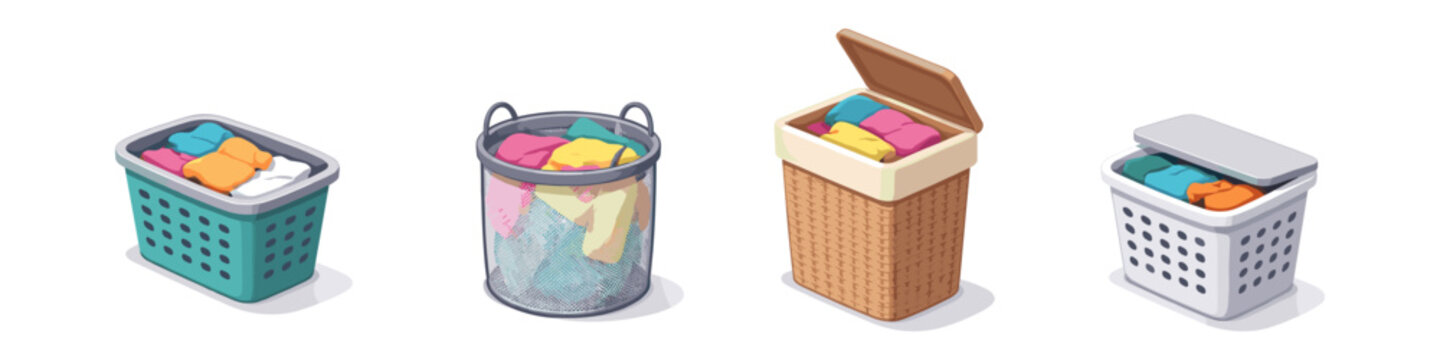 Collection of four laundry baskets filled with colorful clothes for washing