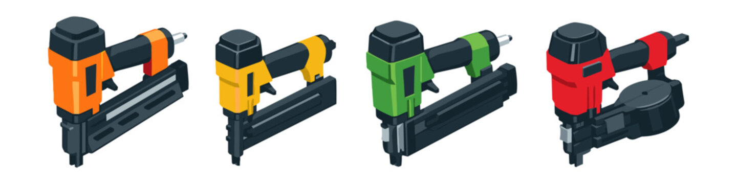 Collection of four different colored pneumatic nail guns arranged in a row