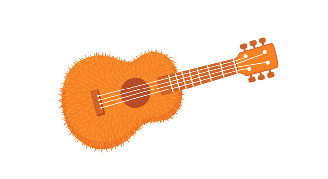 A fluffy orange ukulele with a brown neck and white strings is positioned diagonally on a plain white background.