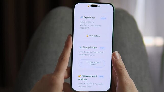 User scrolls mobile interface with hacking tools, loads details and chooses cryptocurrency checkout. Modern cybercrime, encryption and anonymous payment concept. Ideal footage for fintech security