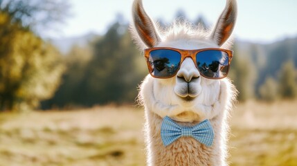 Fototapeta premium Funny llama wearing sunglasses and bowtie in a field