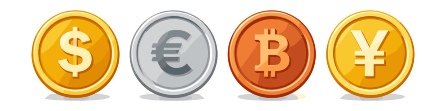 Collection of diverse currency coins including dollar, euro, bitcoin, and yen symbols