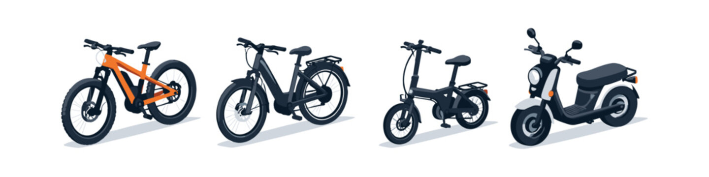 Collection of electric bicycles and scooters in various styles and colors