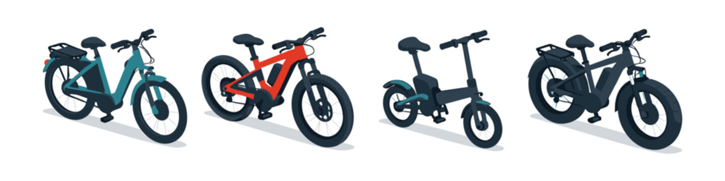 Collection of four different electric bicycles in various colors and styles