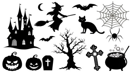 Fototapeta premium Spooky Halloween vector set featuring flat icons of a pumpkin, bat, and witch silhouette for an autumn holiday design