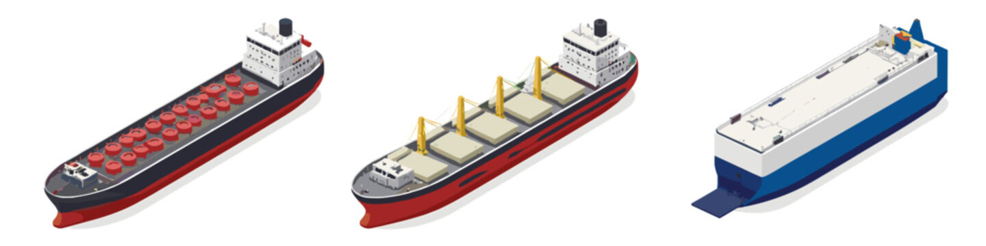 Collection of three different types of cargo ships in isometric view