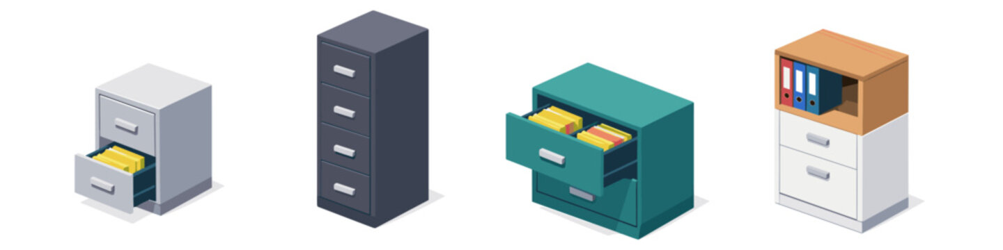 Collection of isometric filing cabinets with drawers open and closed