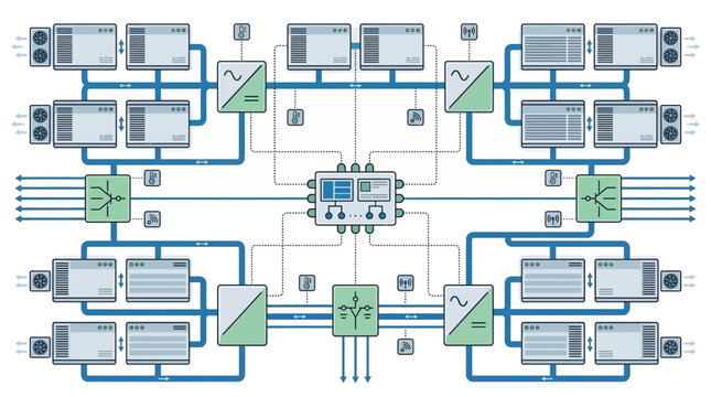 A complex flowchart with various interconnected components and arrows.