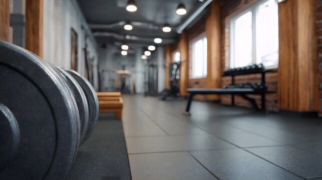 Foreground focus on weight plates in a modern gym blurred equipment in background