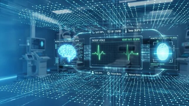 Futuristic medical technology interface featuring patient vital sign monitor with heart rate and biometric authentication including fingerprint scan, neural analytics, and digital data visualization