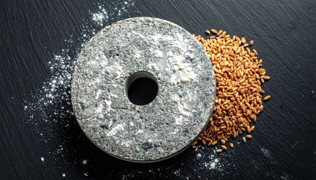 Mottled grinding stone with residual grain dust positioned beside a collection of whole wheat grains on a dark, textured surface, highlighting traditional food preparation.