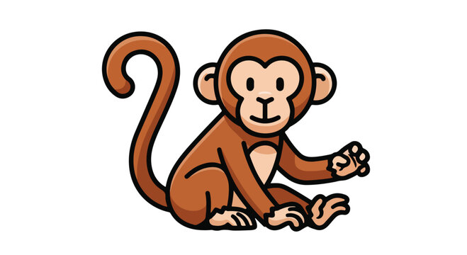 A cartoon monkey sitting on a plain white background with its tail curled up and one hand extended.