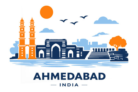Ahmedabad Skyline Flat Vector India Travel Landmark Sidi Bashir Mosque Jhulta Minar Illustration