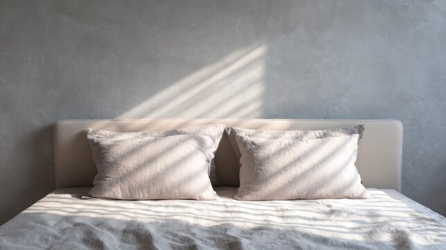 Minimalist bedroom with sunlight and pillows on a bed against a concrete wall