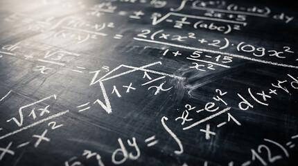 Fototapeta premium Close-Up of Chalkboard Covered in Complex Mathematical Equations, High-Angle Shot Emphasizing Texture, Depth, and Intellectual Academic Intensity.