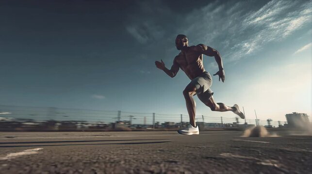 Powerful male sprinter running on an open road under a dramatic sky, with dust and motion creating a dynamic speed and performance scene