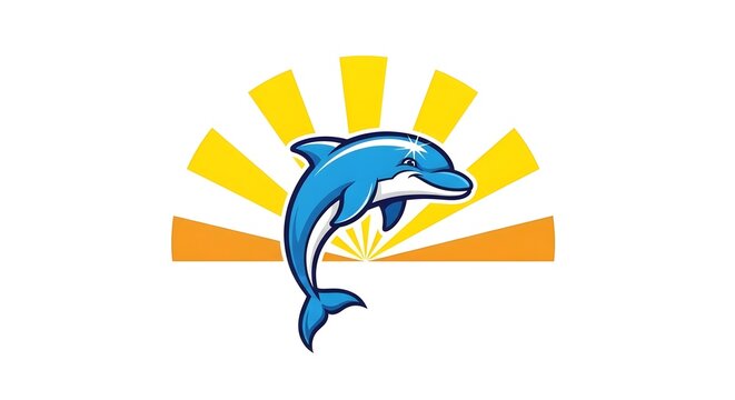 A blue dolphin jumping out of the water with a sunburst behind it in an orange and yellow gradient