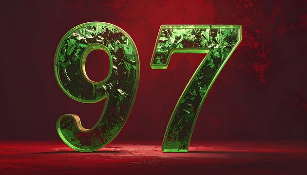 Green crystalline number 97 on a textured red surface, bathed in soft light, creating a bold, striking design