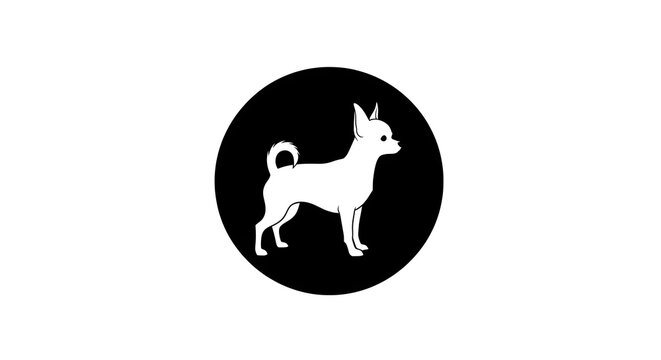 A white silhouette of a dog on a black circular background
