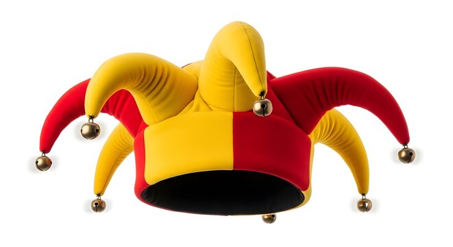 A colorful jesters hat with red and yellow points and bells on a white background