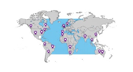 Naklejka premium A world map with multiple purple location markers on it for global navigation and connectivity globa