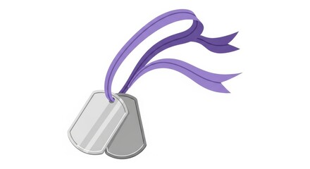 Fototapeta premium a pair of dog tags with a purple ribbon on a white background close up detail view metal tags dog id