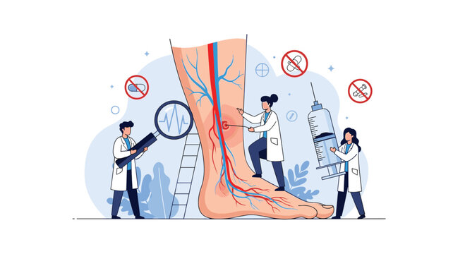 Medical team examining large human leg for varicose veins using magnifying glass and syringe for professional treatment.