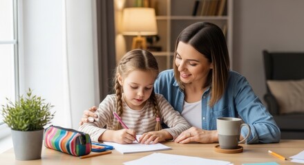 Obraz premium A smiling mother is helping her young daughter with her homework at a wooden table. The girl is sitting and writing in a notebook while the mother is guiding her.