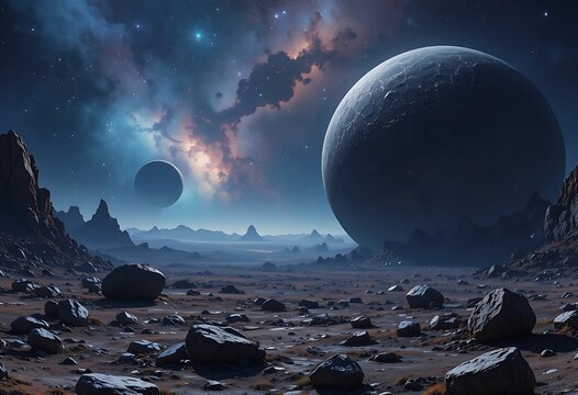 Mysterious celestial bodies hovering over a barren alien landscape. astroid belt