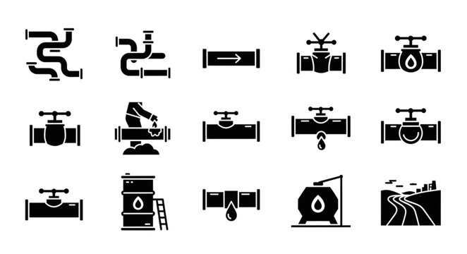 Oil and Gas Pipeline System Icons - Valves, Pipes, and Infrastructure.