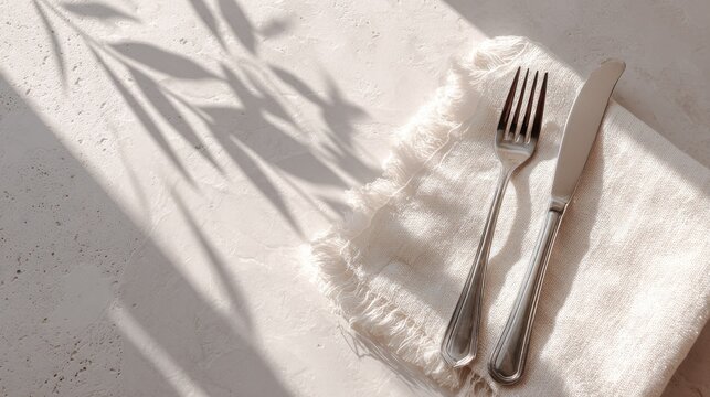 Elegant cutlery arrangement on a textured surface with soft lighting