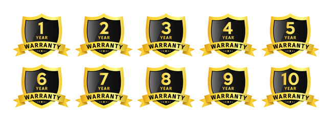 1 to 10 year warranty badge shield set premium guarantee label collection for product quality assurance protection vector illustration.