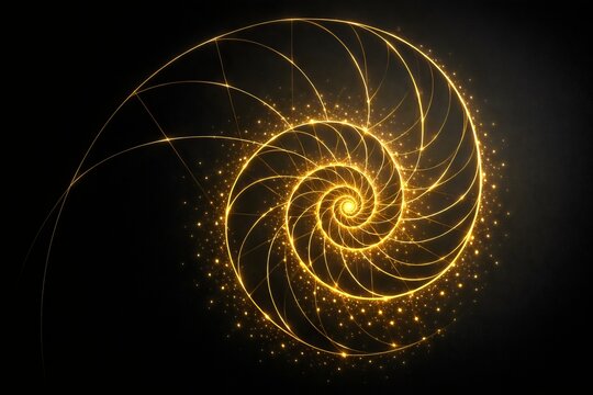 Glowing Golden Fibonacci Spiral Abstract Background with Luxury Light Particles