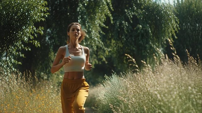 Young woman running through tall grass in a sunny meadow, captured in warm natural light with an energetic and healthy outdoor fitness mood