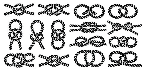Nautical Rope Knot Silhouette Set, Bowline, Figure Eight, Square Knot, Reef Knot, Carrick Bend, and Loop Variations, Sailor Rope Knot Illustration Collection © magic390