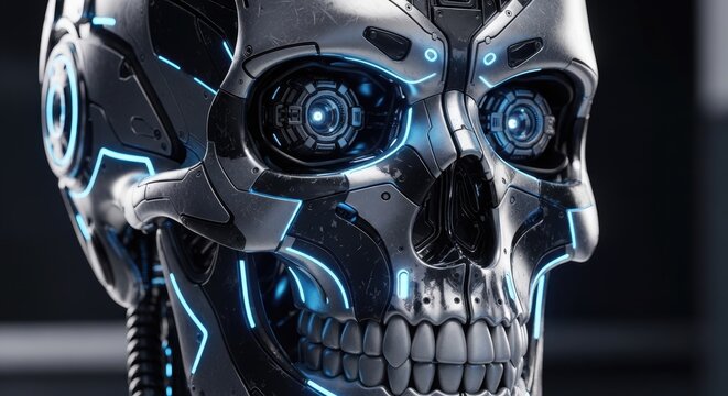 Close up of a detailed metallic robot skull with glowing blue accents