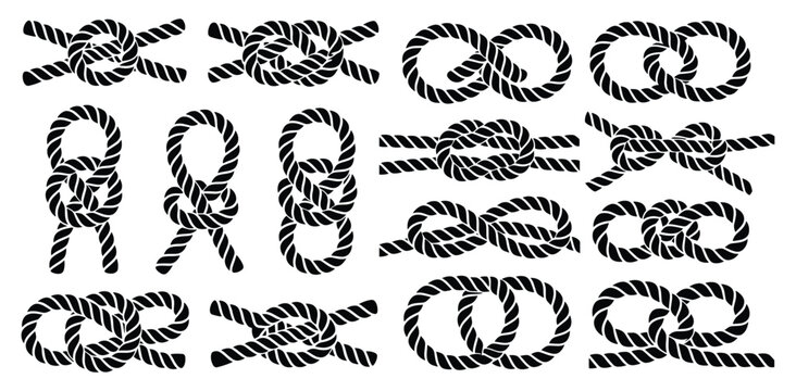 Nautical Rope Knot Silhouette Set, Bowline, Figure Eight, Square Knot, Reef Knot, Carrick Bend, and Loop Variations, Sailor Rope Knot Illustration Collection
